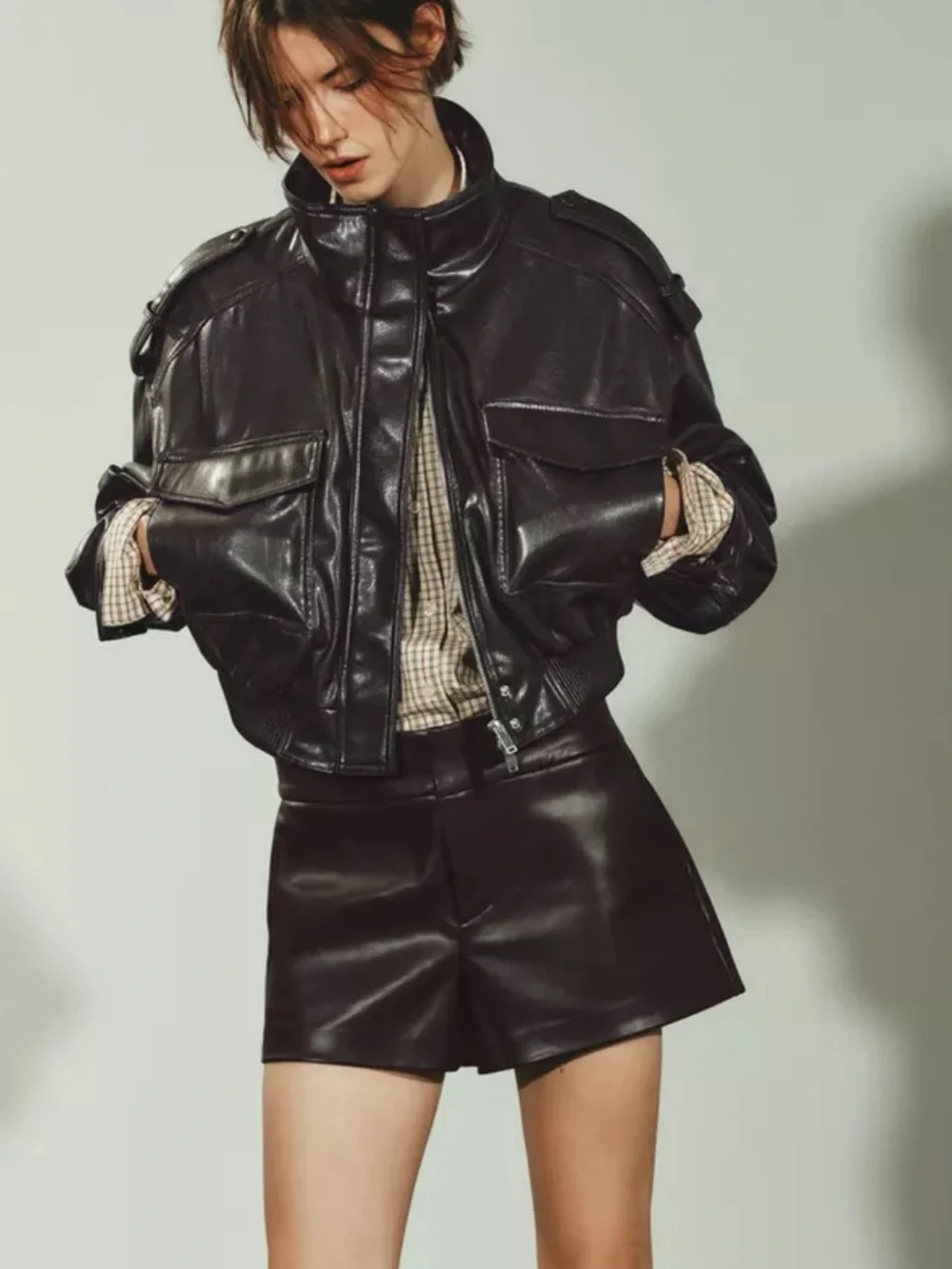Zara Faux Leather Cargo Pocket Cropped Bomber Jacket size large - Picture 5 of 12